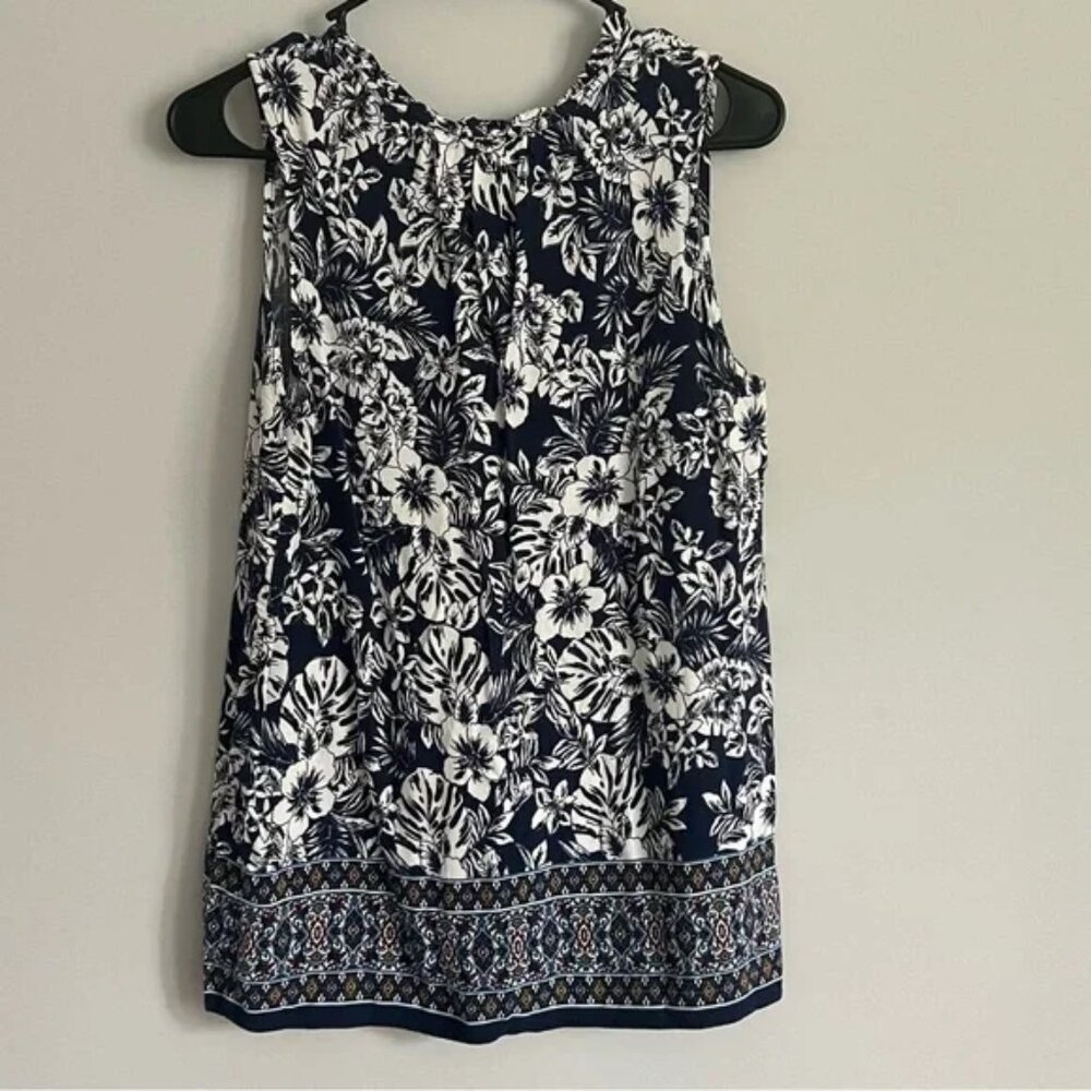 Rafaella Navy Blue and White Tropical Floral Print Split V Neck Sleeveless Top